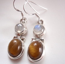 Tiger Eye &amp; Moonstone 925 Sterling Silver Dangle Earrings Solid Heavy h133a - £14.37 GBP