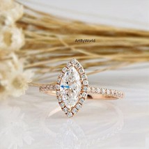 Marquise Diamond Halo Engagement Ring, 14K Rose Gold Vintage Anniversary Ring - £86.50 GBP