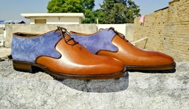 Handmade Men&#39;s Genuine Blue Suede &amp; Tan Leather Lace Up Oxford Formal Shoes  201 - £114.95 GBP
