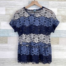 Eva Franco Floral Lace Peplum Top Blue Striped Sheer Anthropologie Womens Small - £27.68 GBP