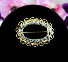 Blue Aurora Borealis Rhinestones Oval Pin Vintage Brooch Ab Goldtone Spirals - £14.94 GBP