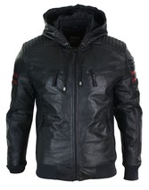 Men Leather Jacket Hood Hooded Mens Bomber Real Black Biker Motorcycle Coat 2 - £32.16 GBP+