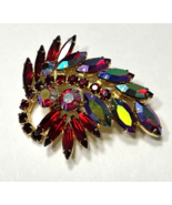 Vintage WEISS Ruby Red AB Rhinestone Gold Tone LEAF Brooch Pin 2.25&quot; - $57.42