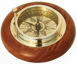 Maritime nautical Compass Fix On Wooden Box Brass Navigational Tool Collectible - £42.80 GBP