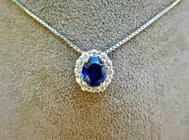1.20 Ct Oval Cut Simulated Blue Sapphire Halo Pendant 14k White Gold Plated - £101.85 GBP