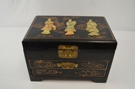 Chinese Lacquered Wood &amp; Brass Jewelry Box Chest w/ Relief Sculpture 3 F... - £75.93 GBP
