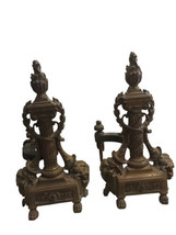 Vintage Pair Set of  2 French Andirons, Solid Brass Ornate Andirons 12&quot; X 7&quot; - £158.26 GBP
