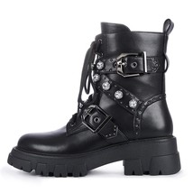 Size(35-43) Women Motorcycle Boots Fashion Leather Shiny Rhinestone Metal Buckle - £116.72 GBP