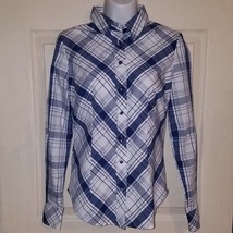 New York &amp; Company Blue White Button Down Long Sleeve Shirt top blouse - $11.88