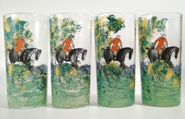 Federal Glass 12oz Highballs 4 Hand Painted Hunter On Horseback With Hound VTG - £25.33 GBP