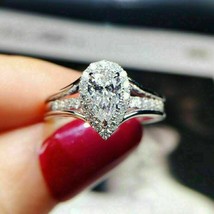 1.50 KT Pera Diamanti Finti Halo Anello di Fidanzamento 14K Oro Bianco Argento - £64.34 GBP
