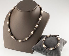 Unique Silver and Gold Plated Beaded Pearlescent Necklace and Bracelet Set - £373.80 GBP