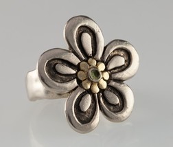 Rane Sterling Silver Antiqued Flower Ring with Peridot Accent Stone Size 6.75 - £115.89 GBP