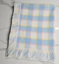 Quiltex Baby Blanket Blue Yellow Pink Plaid White Nylon Trim Binding Uni... - £35.68 GBP