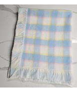 Quiltex Baby Blanket Blue Yellow Pink Plaid White Nylon Trim Binding Uni... - £35.83 GBP