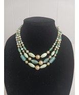 VTG  3 Strand Green Swirl  Art Glass  &amp; Faux Pearl NECKLACE JAPAN - $841.73 MXN
