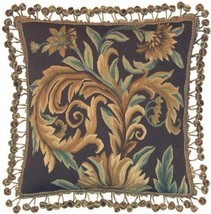 Aubusson Throw Pillow 20x20 Handwoven Wool, Sunflower Green Flourishes - £232.27 GBP