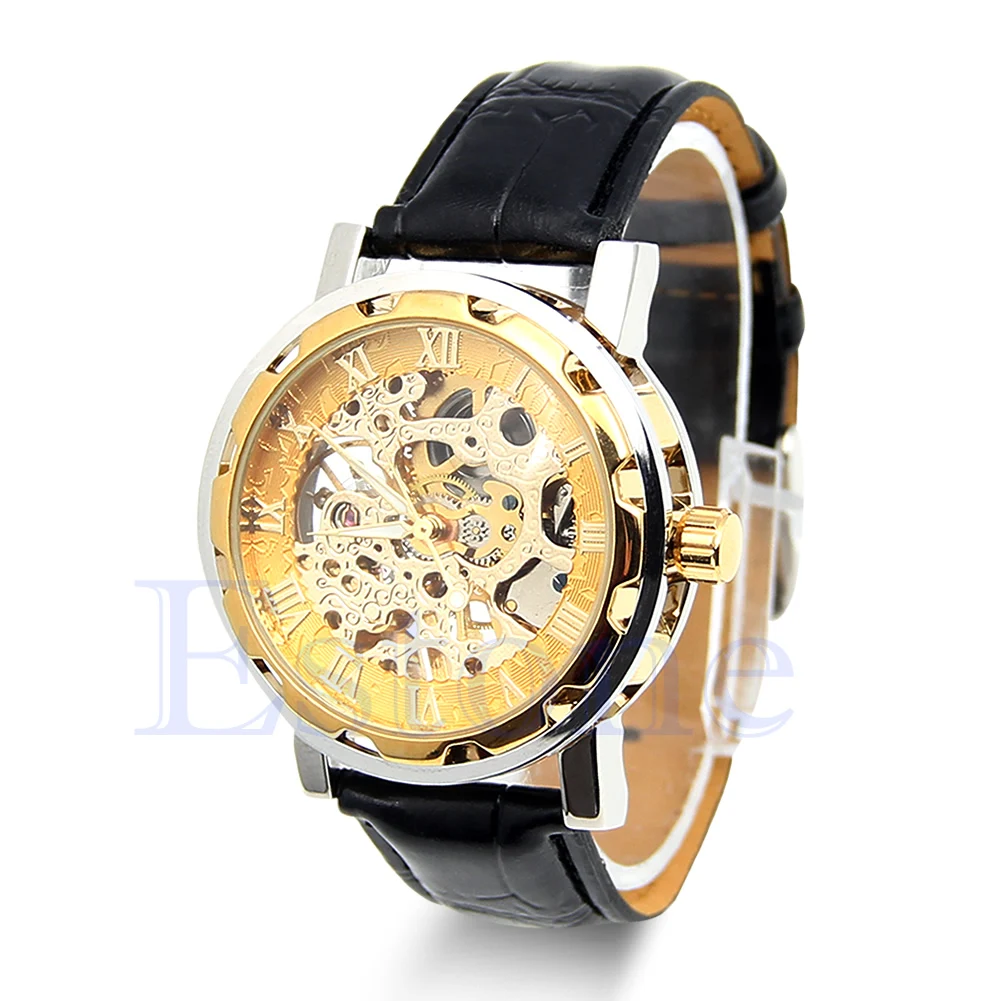 Mens Clic Black Leather  Dial Skeleton Mechanical Army  Wrist Watch - £90.07 GBP