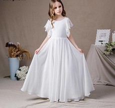 Long Chiffon White Flower Girl first communion dress Butterfly Sleeves Junior Br - £93.52 GBP