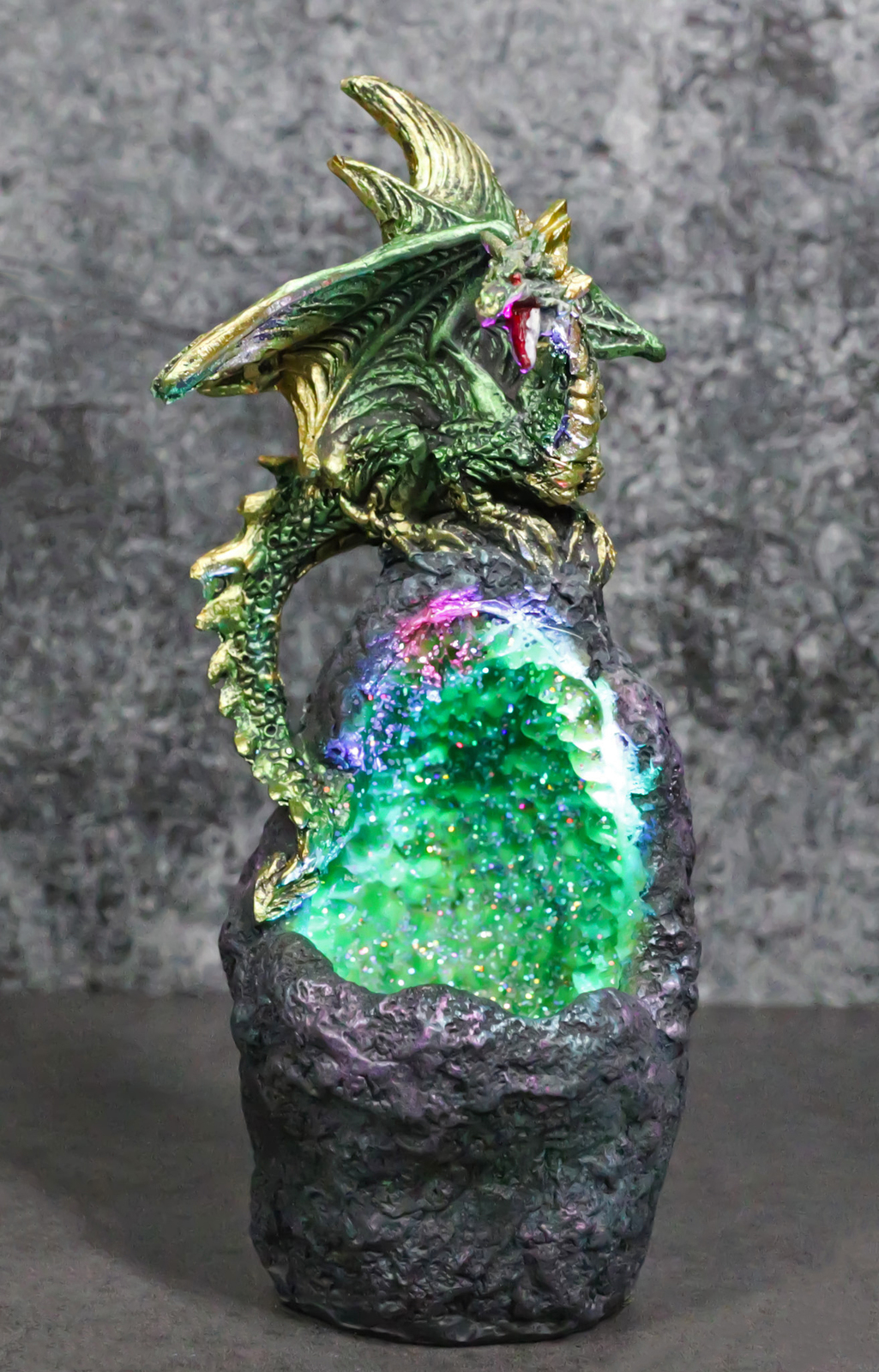 Metallic Green Gold Meteorite Dragon On Faux Geode Crystal Cavern Rock F... - $18.99