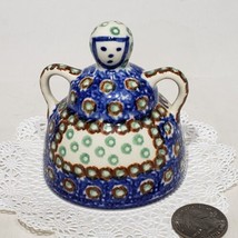 Boleslawiec Polish Pottery Mini 3&quot; Cheese Lady Figurine Blue Green Circles EUC - £16.04 GBP