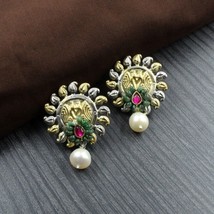 Tradtional Real 925 Silver Dangle Emerald Pearl Earrings in Dual Tone - £29.99 GBP