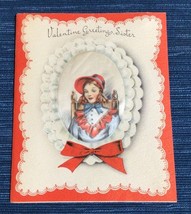 UNUSED Vintage VALENTINE DAY Greeting Sister Card Ornate Satin Gibson US... - $13.50