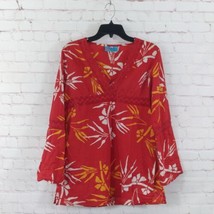 Caribelle Batik Top Womens Large Red Floral Crochet V Neck Boho Hawaiian  - $24.99