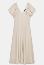 Zara Light Beige Linen Blend Puff Sleeves Midi Dress Women BNWT 2604/727 - $94.47