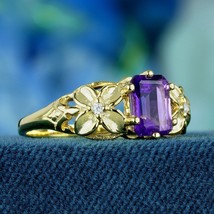 Natural Amethyst and Diamond Vintage Style Floral  Ring in Solid 9K Yellow Gold - £559.54 GBP