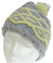 Pale Grey hand knit hat with yellow cable and pom-pom - £16.78 GBP