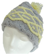 Pale Grey hand knit hat with yellow cable and pom-pom - £16.74 GBP