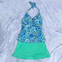 Lands End Swim Wrap Tankini Swim Skirt Set Blue Green Paisley Slimming Womens 8 - £46.73 GBP