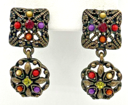 Premier Designs Tapestry Red Green Brown Purple Antique Brass Earrings S... - £10.26 GBP