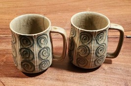 Vintage Set of 2 Redware Pottery Green with Circular Swirl Design Coffee... - £10.24 GBP