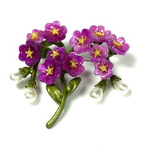 Purple Floral Spray Brooch Pin Green Enamel Faux Pearls - £18.96 GBP