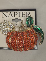 NAPIER Pumpkin Brooch Orange Crystal Cloisonne LeafPin Fall Fashion Harvest Gift - £20.01 GBP