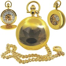 Gold Pocket Watch Mechanical Skeleton Full Hunter Arabic Dial on Fob Chain 47 MM - $29.99