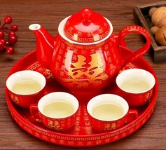 Double Happiness Hundreds of Blessings Red Tea Set Chinese Wedding Tea C... - £48.27 GBP