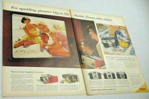1958 Print Ad Kodak 35mm Color Slide Projectors Ladies & Man at Beach - $10.43