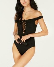 Bar III Solid Lace Up Off-The-Shoulder One-Piece Swimsuit Size M Black New - $24.70