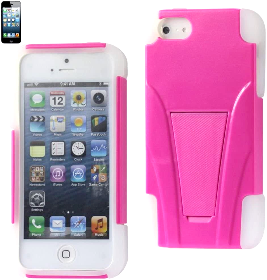 Reiko Hot Pink & White Premium Hybrid Case for Apple iPhone5 w/Built-In Stand - $5.50