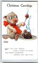Bonzo Puppy Dog Eats Meatball Christmas Postcard Fantasy AR &amp; Co Anthropomorphic - £37.36 GBP