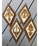 Vtg 4 Pc Gold Ivory Ornate Diamond Wall Plaques Floral Hollywood Regency - $651.27 MXN