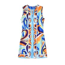 Zevity Women Vintage Contrast Color  Print Retro Mini Dress Female Chic O Neck S - £71.67 GBP