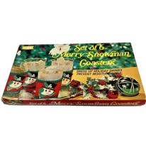 Antique 1969 Merry Snowman Christmas Coasters Fabric Set of 6 in Original Box - £11.71 GBP