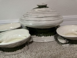 Vintage Ceramic Clam Shell Covered Dish Tureen Cookie Jar And Bowls Hand... - $29.09