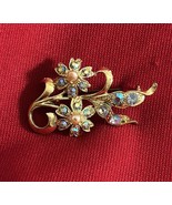 Vtg Aurora Borealis Rhinestone Gold tone Brooch Pin Floral J236 - $17.64 CAD