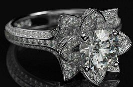 Round Cut 3.10Ct Simulated Diamond Lotus Engagement Ring 14k White Gold Size 8.5 - £219.73 GBP