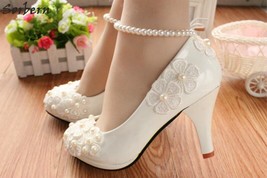 Elegant Beading Straps Wedding Shoes Women Lovely Lace Flowers Beaded Bridal Sho - £56.99 GBP